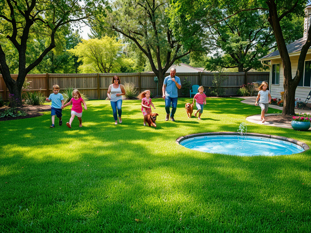 A joyful family and children running on a lush green lawn, with a small pool and trees in the background.