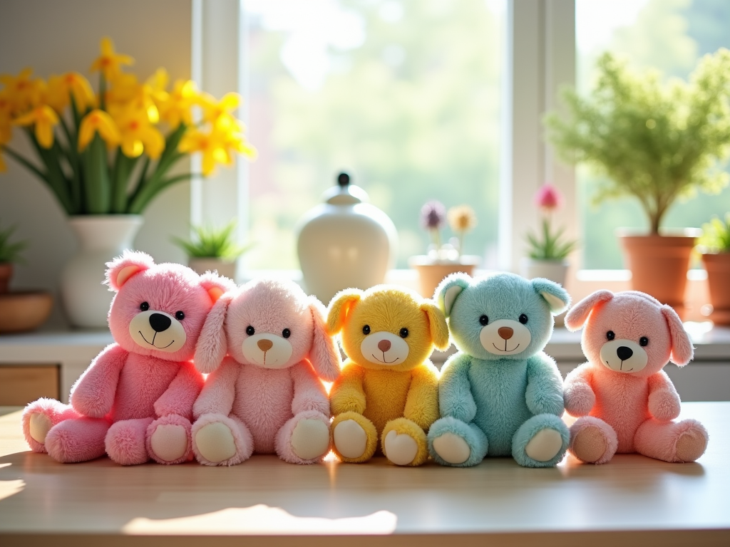 Colorful plush teddy bears sitting by a window with blooming daffodils and potted plants in the background.