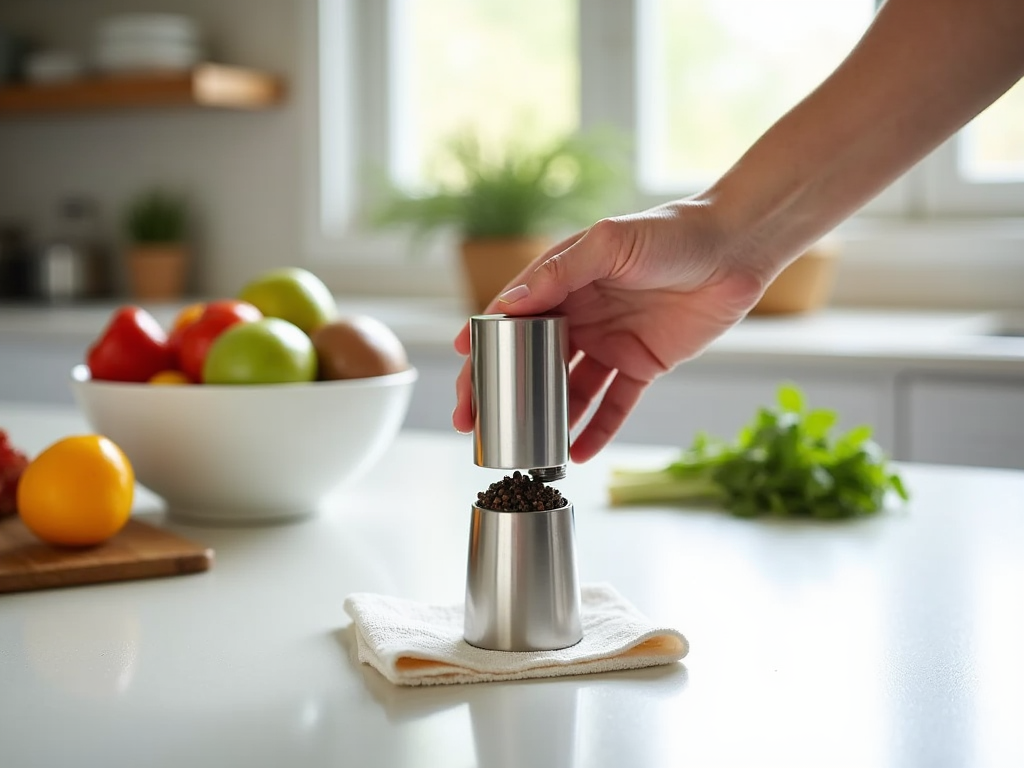 Hand using pepper grinder in sunny kitchen with bowl of fresh fruit in background.