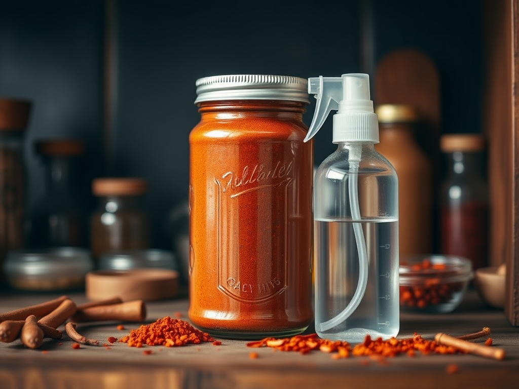 A jar of red spice next to a clear spray bottle, with scattered spices on a wooden table.