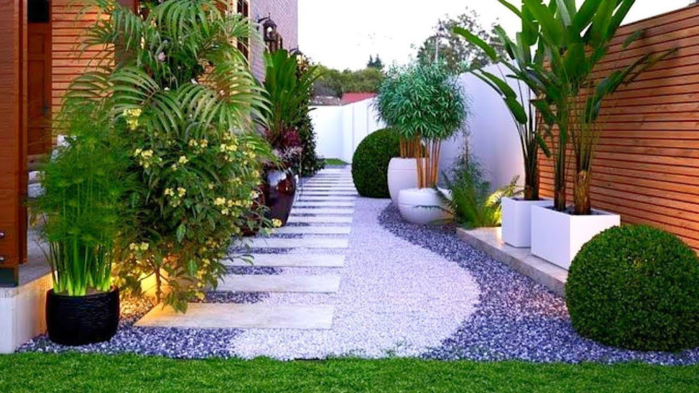 Creative landscaping ideas for a small front yard with stone pathways and greenery