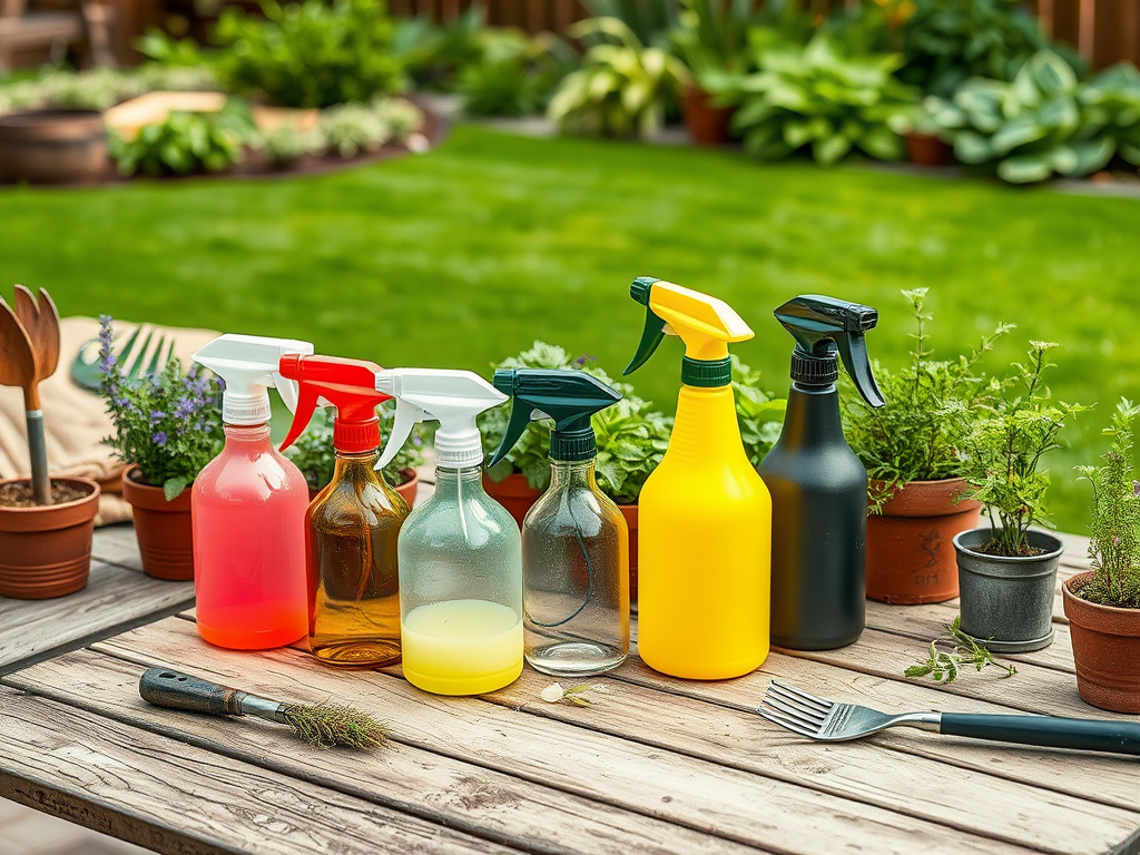 A wooden table with various colorful spray bottles and gardening tools, surrounded by potted plants and greenery.