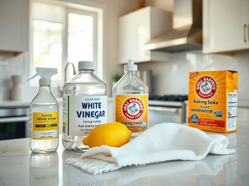 A kitchen countertop displaying white vinegar, baking soda, a spray bottle, a lemon, and a dishcloth.