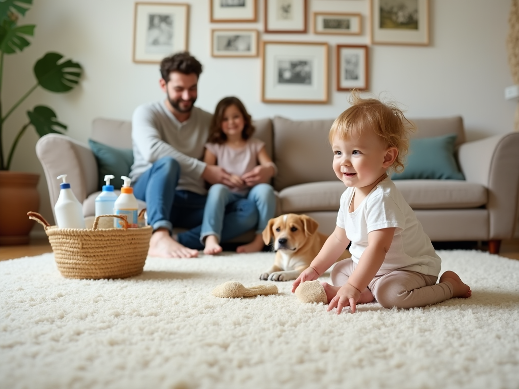 Toddler playing with a toy on a carpet, parents and dog watching from the sofa in a cozy living room.