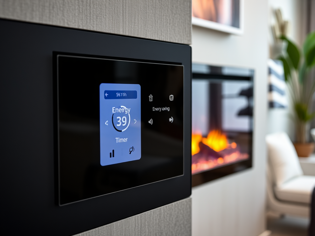 A digital control panel displaying energy usage at 39 with timer options, set in a modern living room.