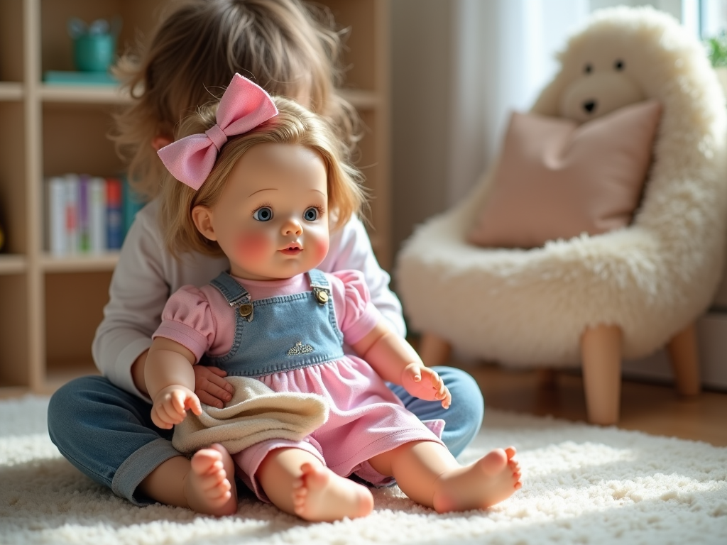 Child playing with a doll near a plush armchair in a sunny room.