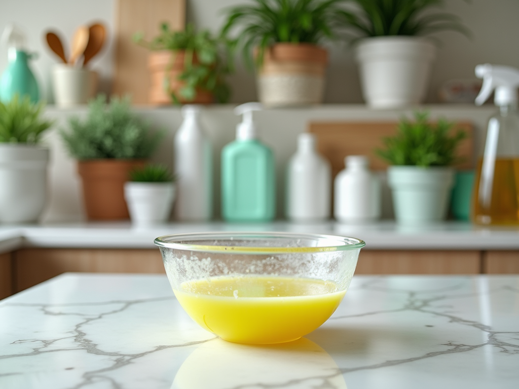 A bowl of melted butter on a kitchen counter with various potted plants and cleaning supplies in the background.