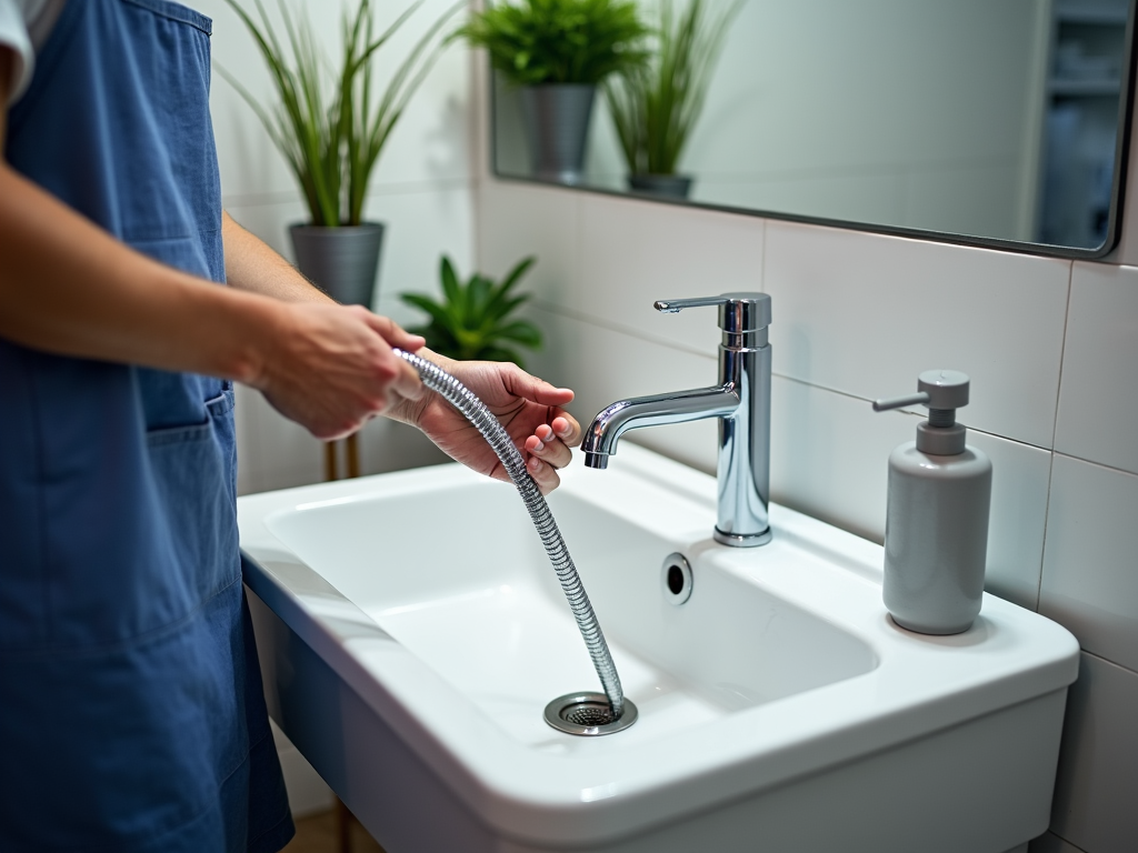 A person in a blue uniform adjusts a handheld shower hose over a modern white sink in a bathroom with green plants.