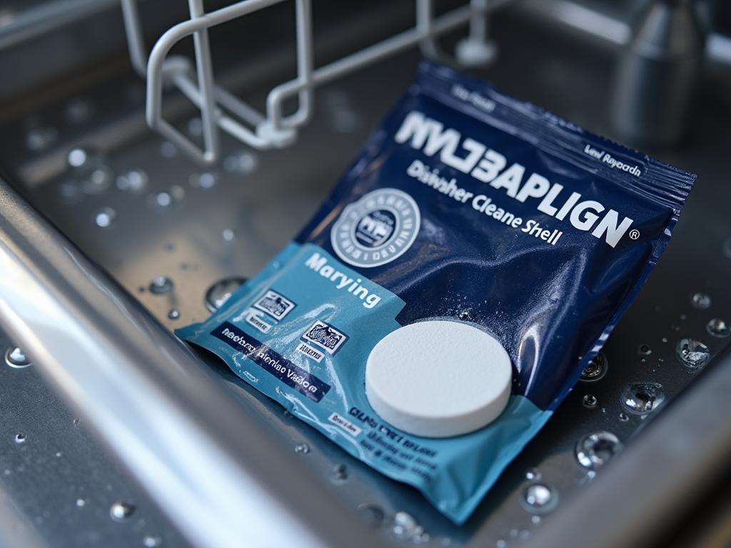 Dishwasher tablet packet and a single tablet inside a dishwasher with visible water droplets.