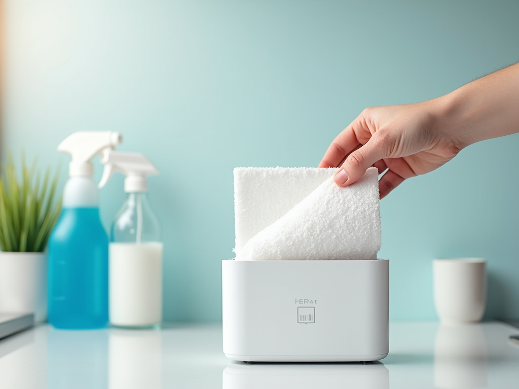 Hand pulling a towel from a modern dispenser on a counter with spray bottles in the background.