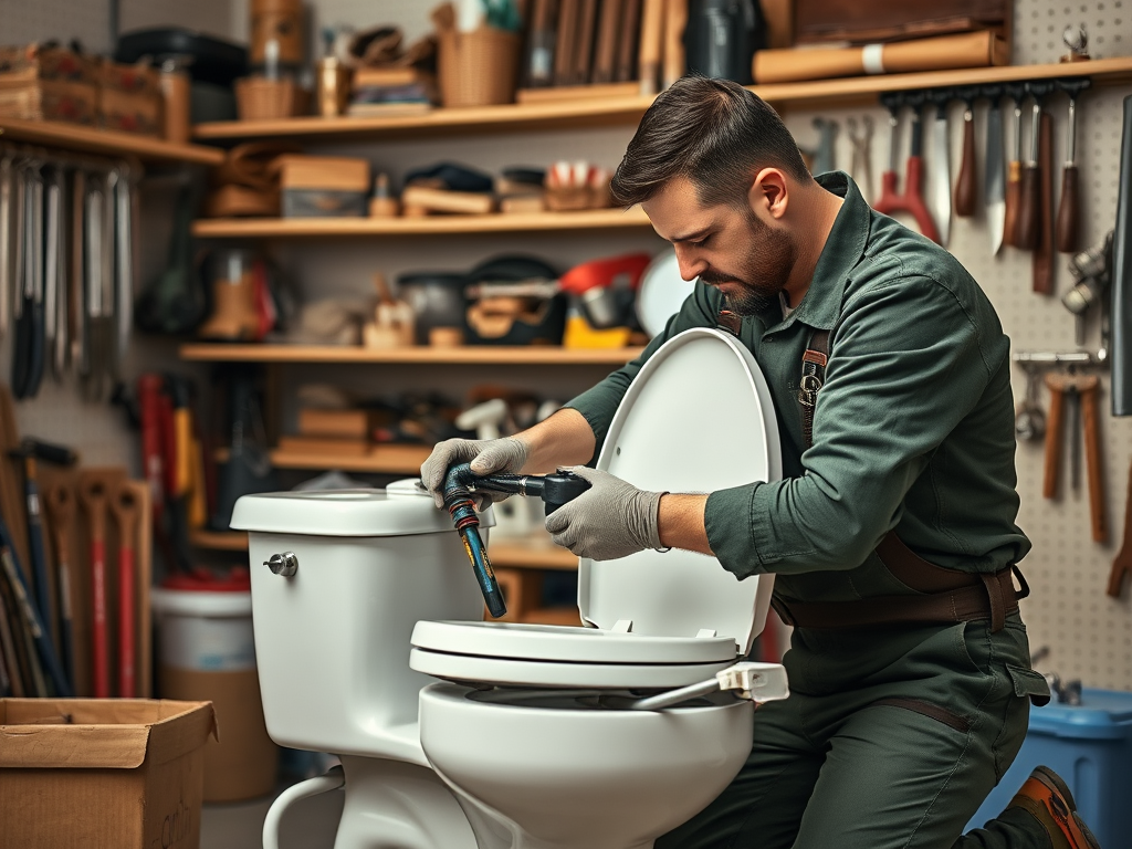 A man in a green work outfit repairs a toilet in a workshop filled with tools and materials.