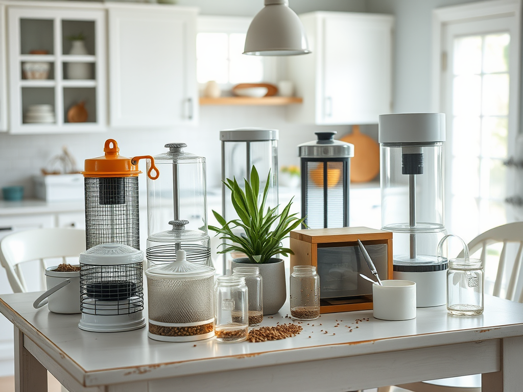 A bright kitchen table with various glass containers, plants, and tools for storage and preparation, inviting and organized.