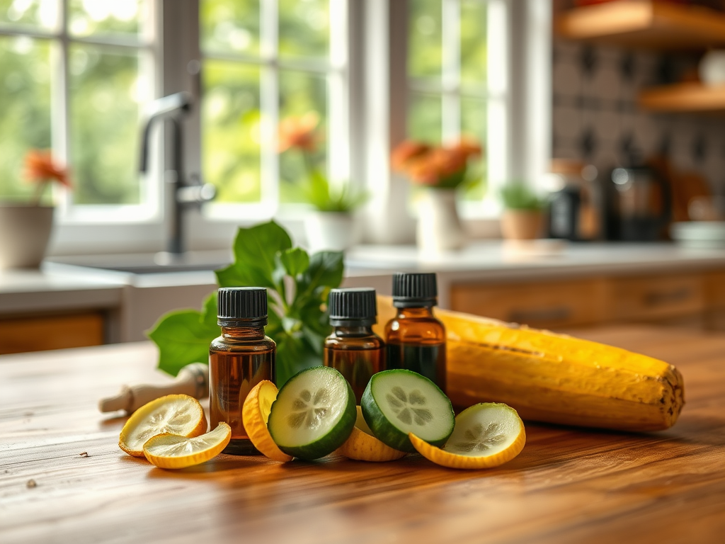 Three amber essential oil bottles with lemon and cucumber slices on a wooden countertop in a bright kitchen.