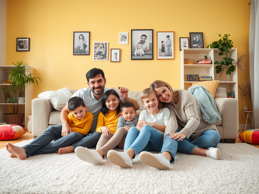 A happy family of five sits on a cozy rug in a bright living room, smiling and enjoying each other's company.