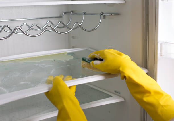 Step-by-step guide showing fridge cleaning using bicarbonate of soda.