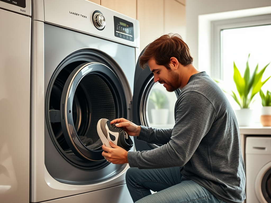 A young man is placing a sneaker into a washing machine in a bright laundry room with plants in the background.