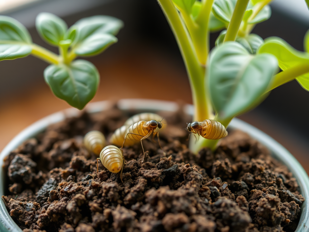 A potted plant with several golden larvae crawling in the soil, surrounded by rich brown dirt.