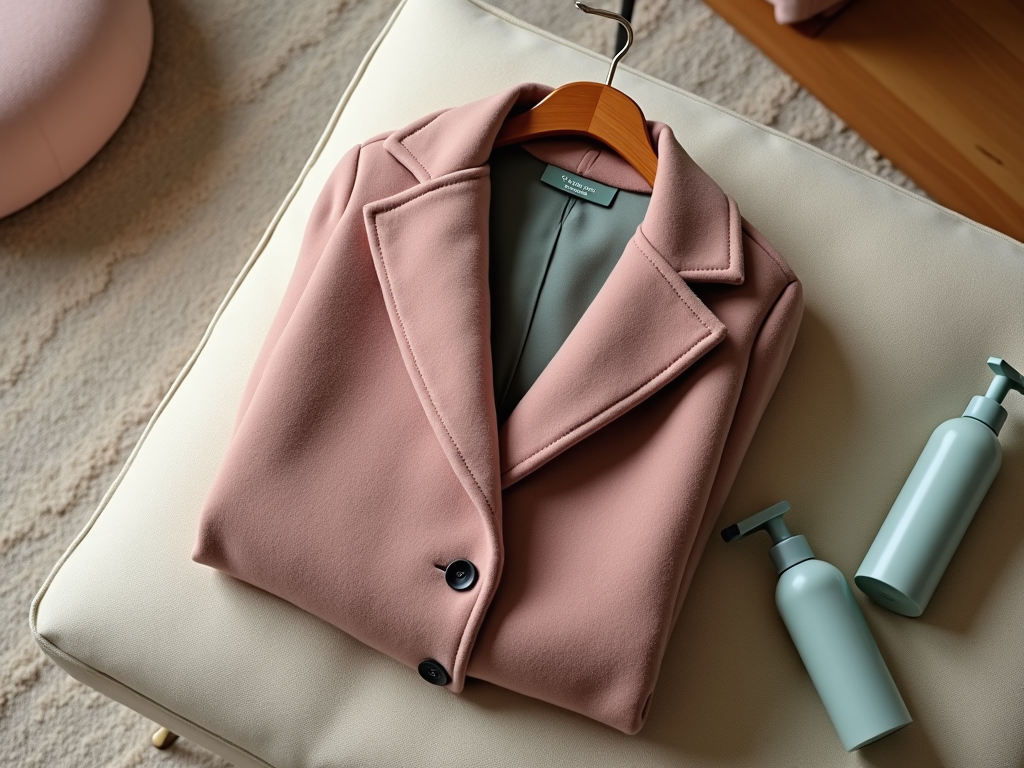 Pink blazer on hanger next to two cosmetic bottles on a cream couch.