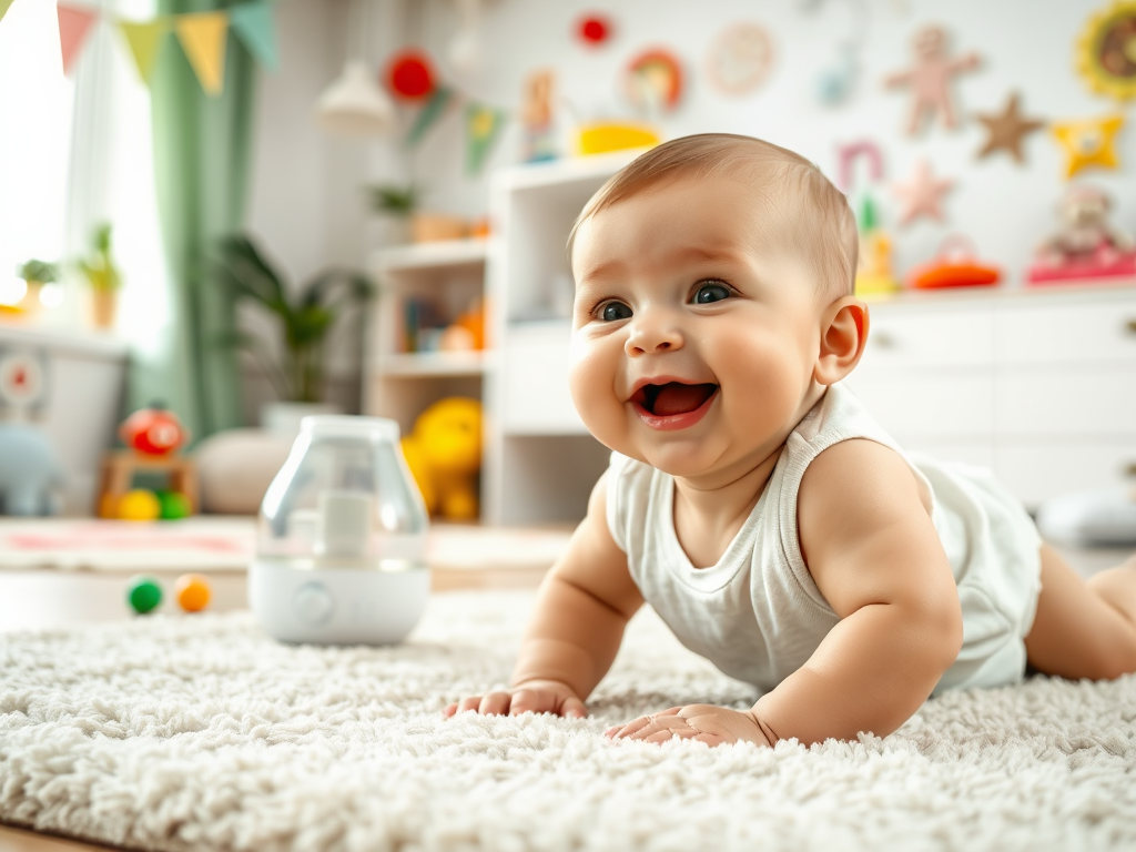 A happy baby in a tank top crawls on a soft rug, surrounded by toys and a humidifier in a bright, cheerful room.