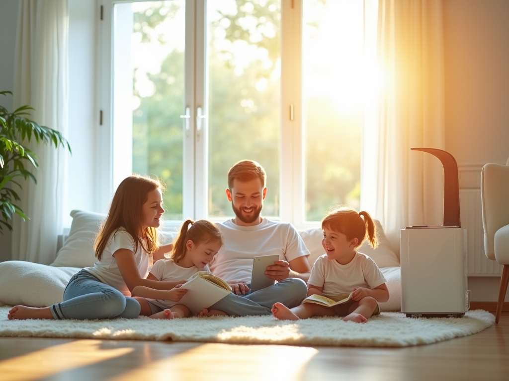 Family enjoying a sunny morning together, reading and using a smartphone in a cozy living room.