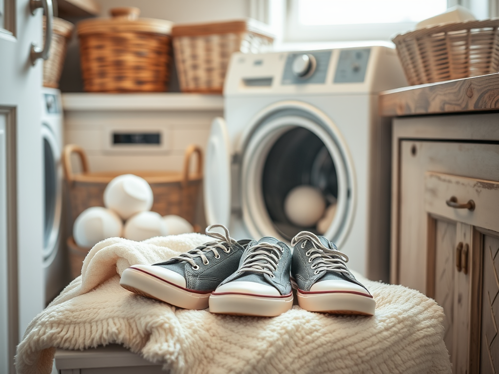 A pair of sneakers rests on a cozy blanket in a laundry room with a washing machine and woven baskets in the background.