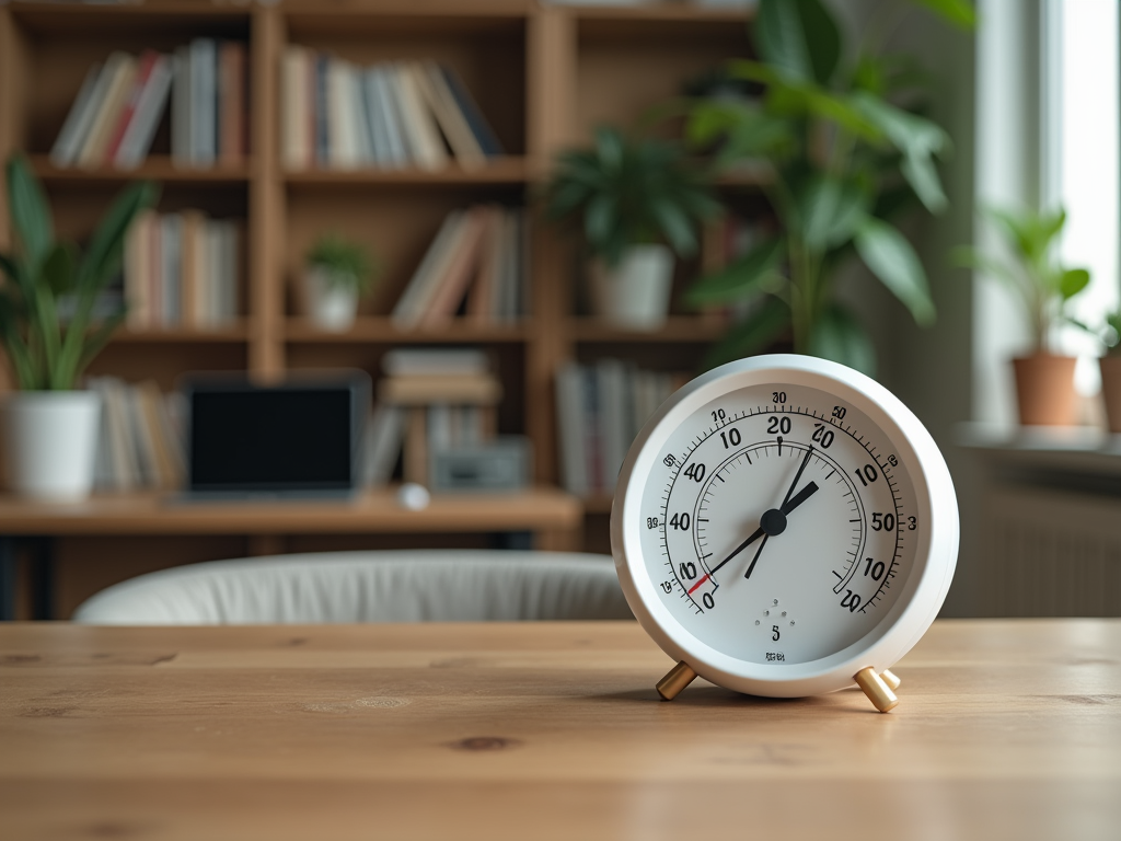 A white analog clock on a wooden table, showing almost 10:10, with a blurred office background.