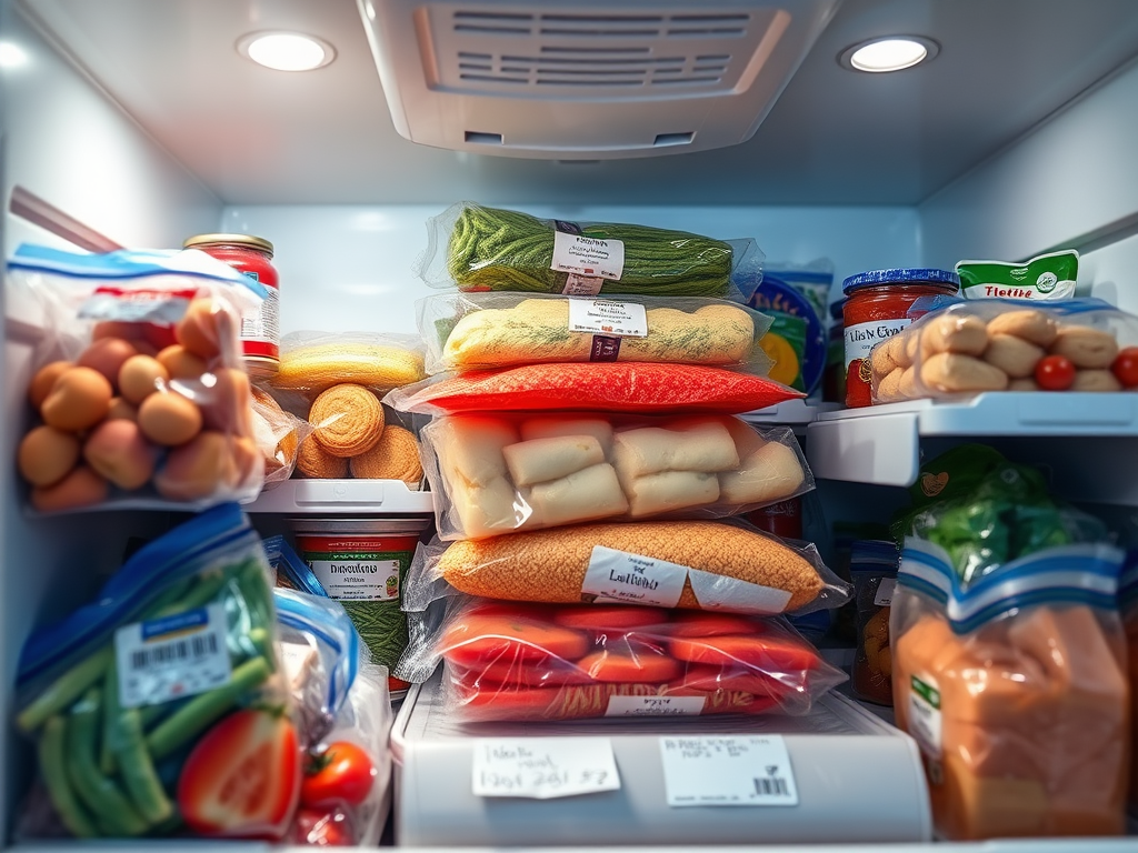 A well-organized refrigerator filled with various packed vegetables, eggs, and jars of sauces.