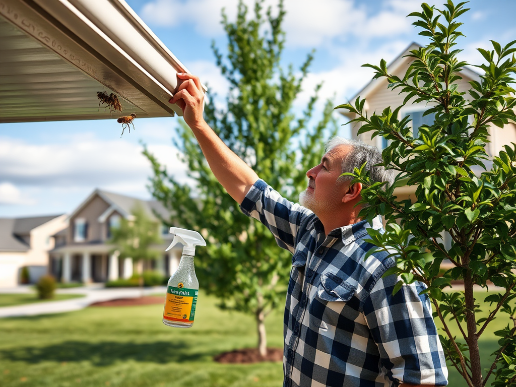 A man in a plaid shirt uses a spray bottle to remove insects from under the eaves of a house.
