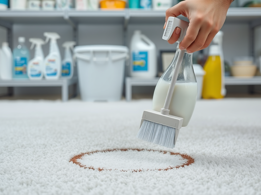 A person using a cleaning tool to treat a stain on a white carpet, surrounded by cleaning products on shelves.