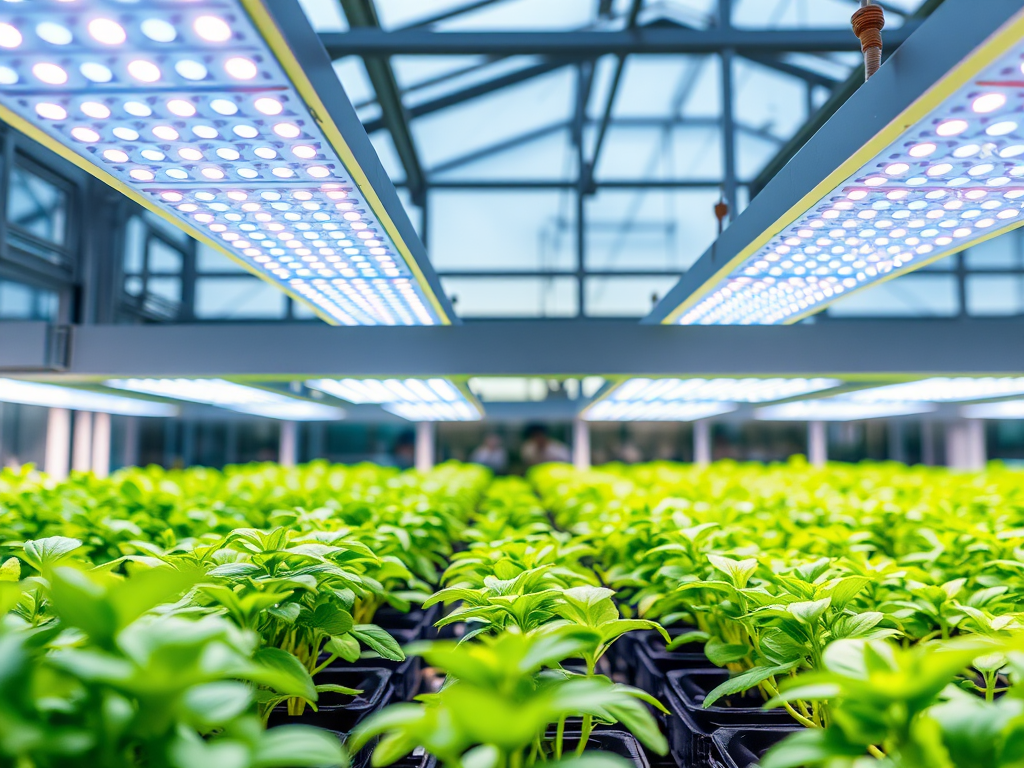 Bright green seedlings are seen under LED grow lights in a greenhouse, showcasing vibrant plant growth.