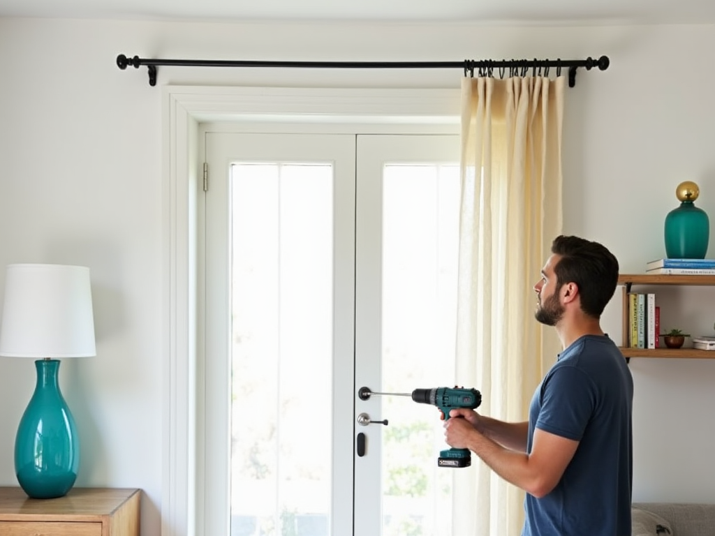 Man with a drill installing a curtain rod above a French door in a bright room.