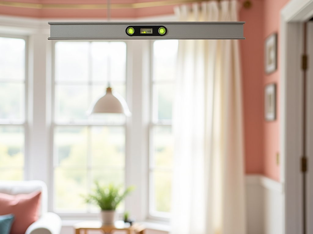 Spirit level tool floating in mid-air in a brightly lit room with colorful walls and large windows.