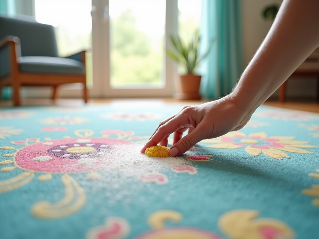 Hand touching a colorful floral rug, with bright living room background.