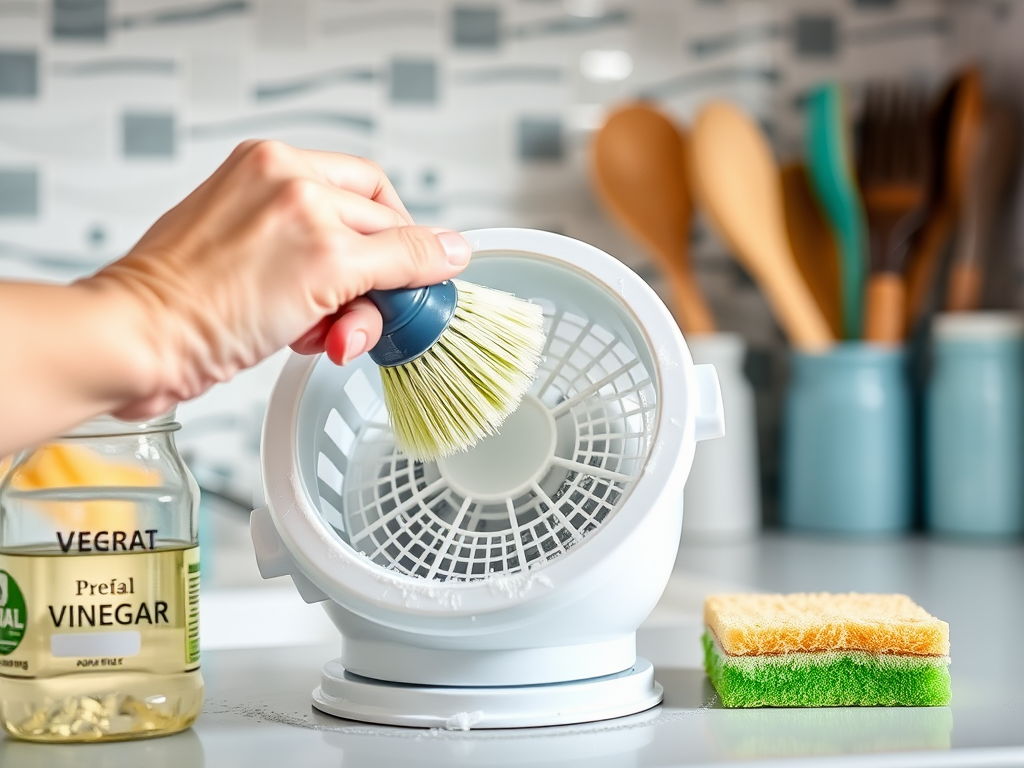 A hand uses a brush to clean a white kitchen tool next to a jar of vinegar and a sponge on a countertop.