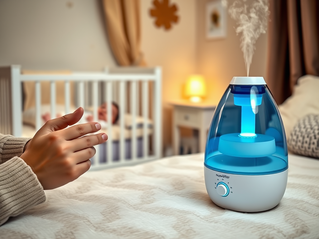 A hand adjusts a blue humidifier beside a crib with a sleeping baby in a softly lit room.