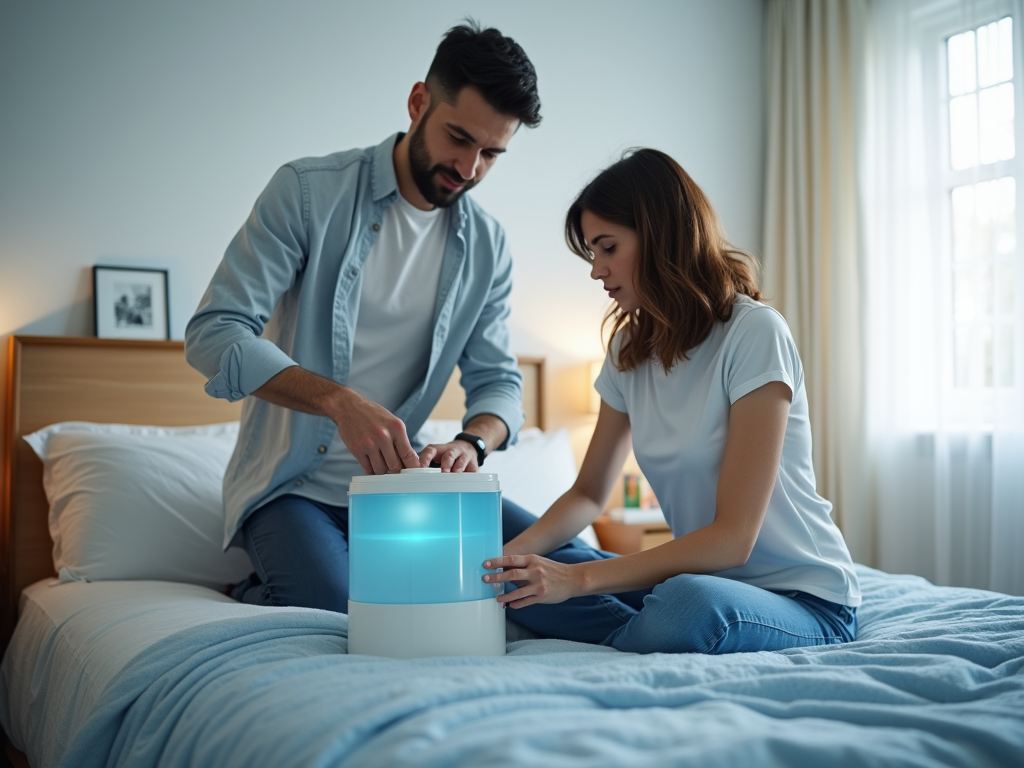 Couple examining a glowing device together on a bed in a well-lit bedroom.