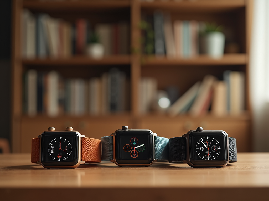 Three smartwatches with different straps on a wooden desk, with a blurry bookshelf in the background.