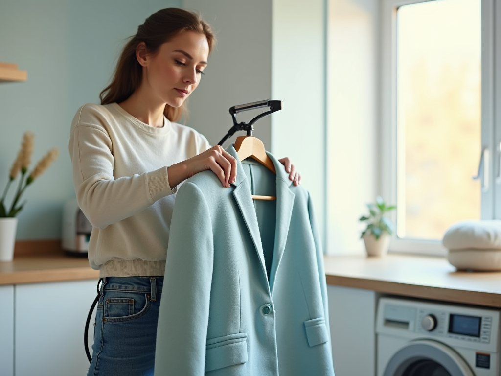 Woman in a cozy room carefully hangs a blue coat on a rack.