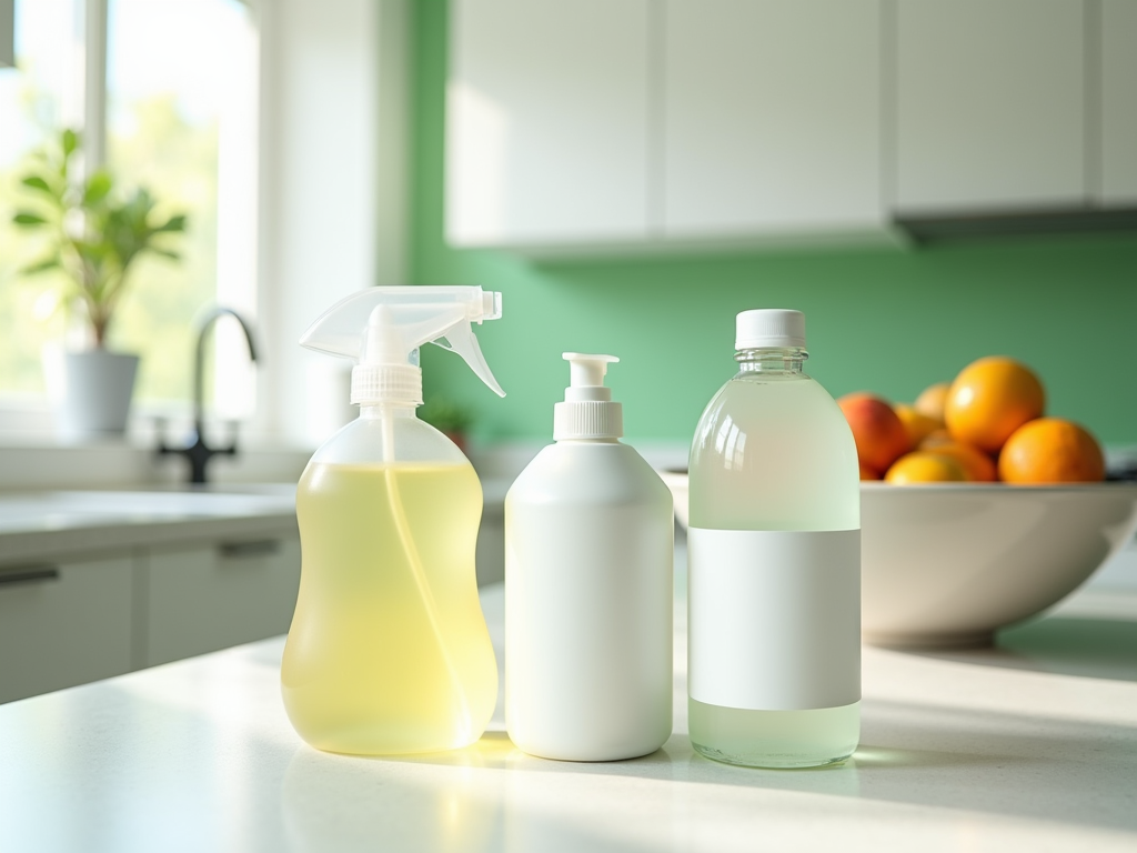 Three bottles of cleaning solutions on a kitchen countertop with fruit bowl in background.