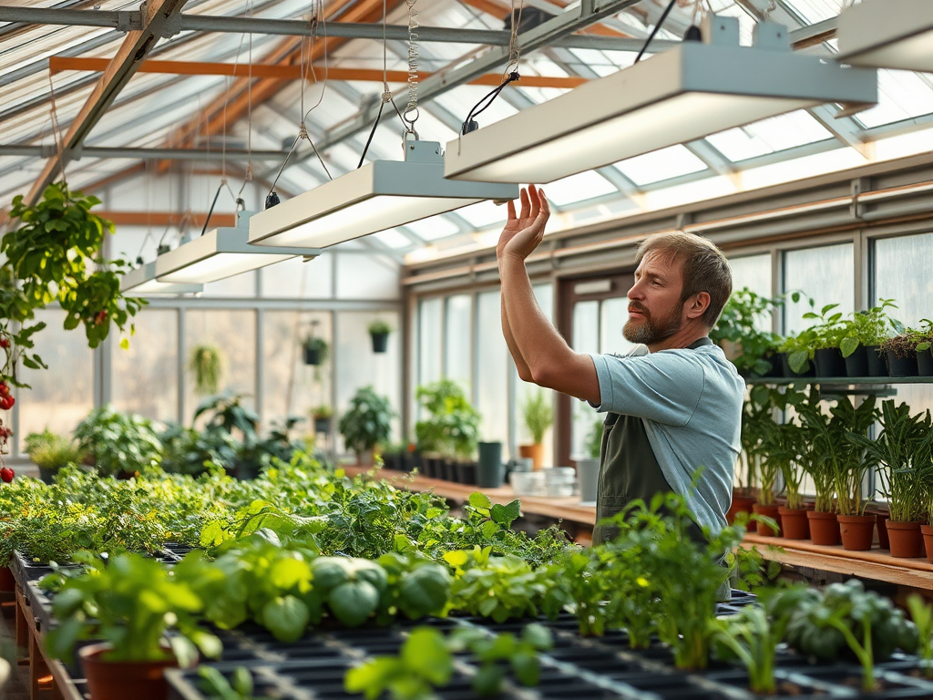 A person adjusts lights in a greenhouse filled with various plants and greenery on tables and in pots.