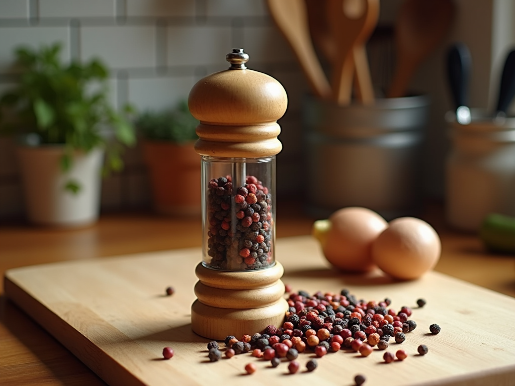 Wooden pepper mill filled with colorful peppercorns on a kitchen board, eggs in background.