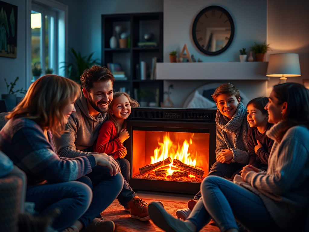 A happy family gathers around a cozy fireplace, sharing smiles and laughter in a warm, inviting living room.