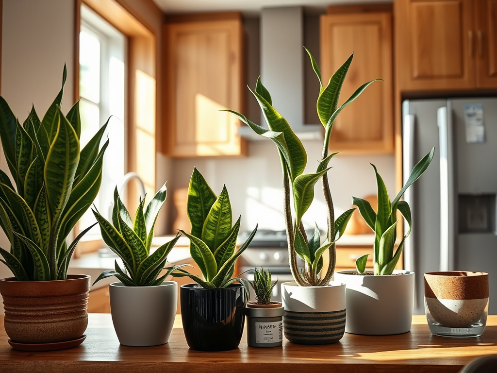 A sunny kitchen shelf with various potted plants in different sizes and styles.