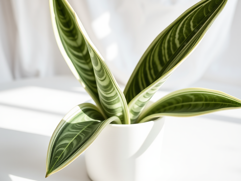 A close-up of a decorative plant with long, striped green leaves in a white pot, set against a bright background.