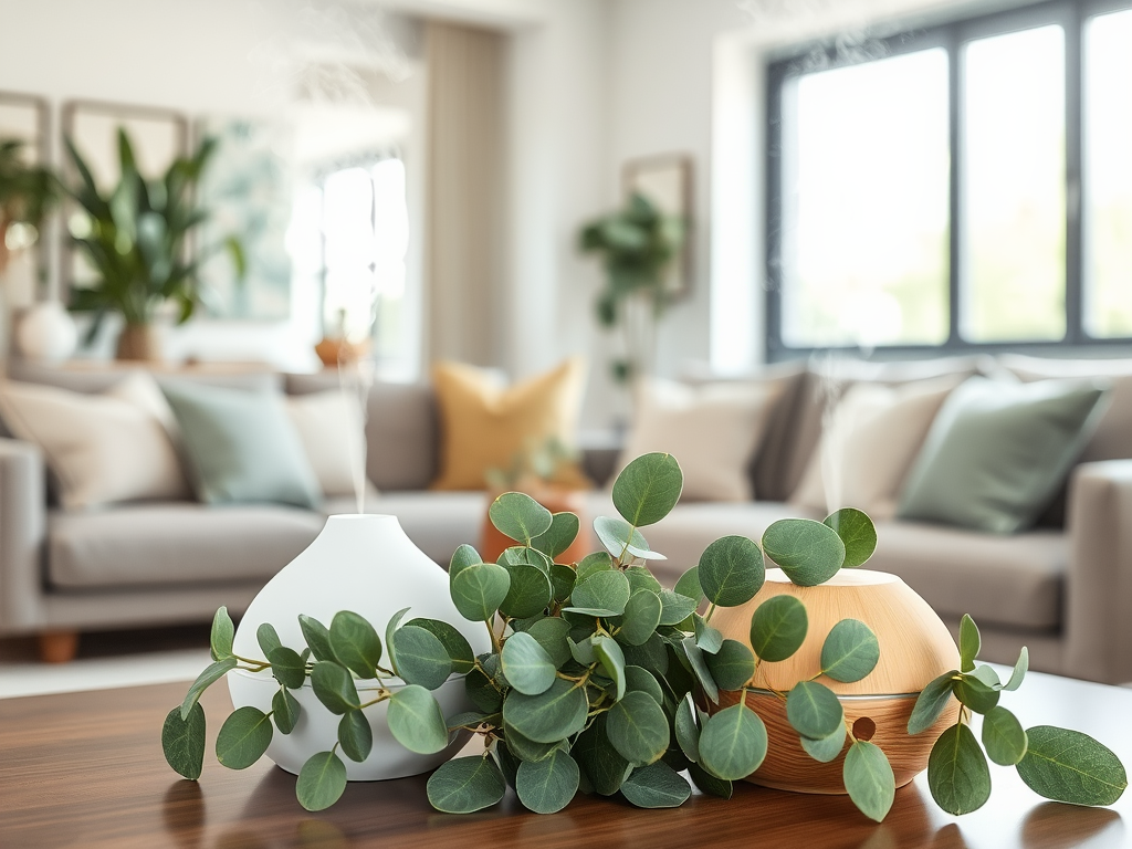 A cozy living room featuring a wooden coffee table with a white vase and a wooden diffuser surrounded by greenery.