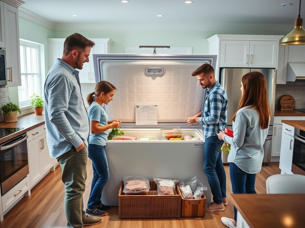 A family examines a chest freezer in a bright kitchen, discussing various food items and storage.