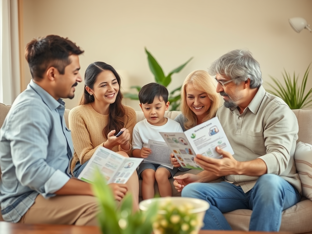 A family of five sits together, looking at brochures and smiling in a cozy living room filled with plants.